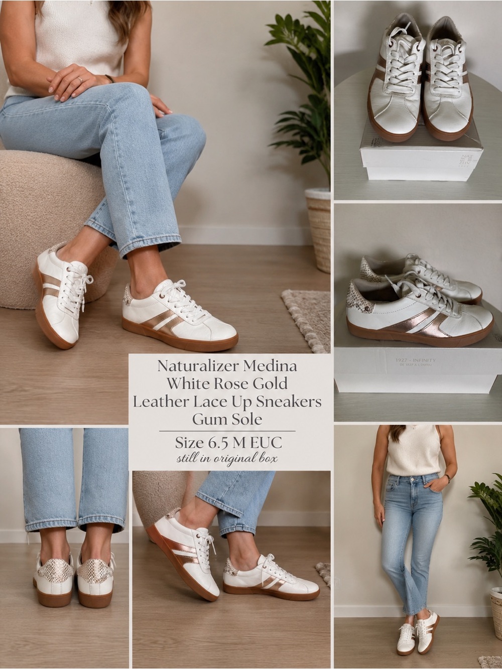 Naturalizer Medina White Rose
Gold Leather Lace Up Sneakers
Gum Sole Size 6.5 M